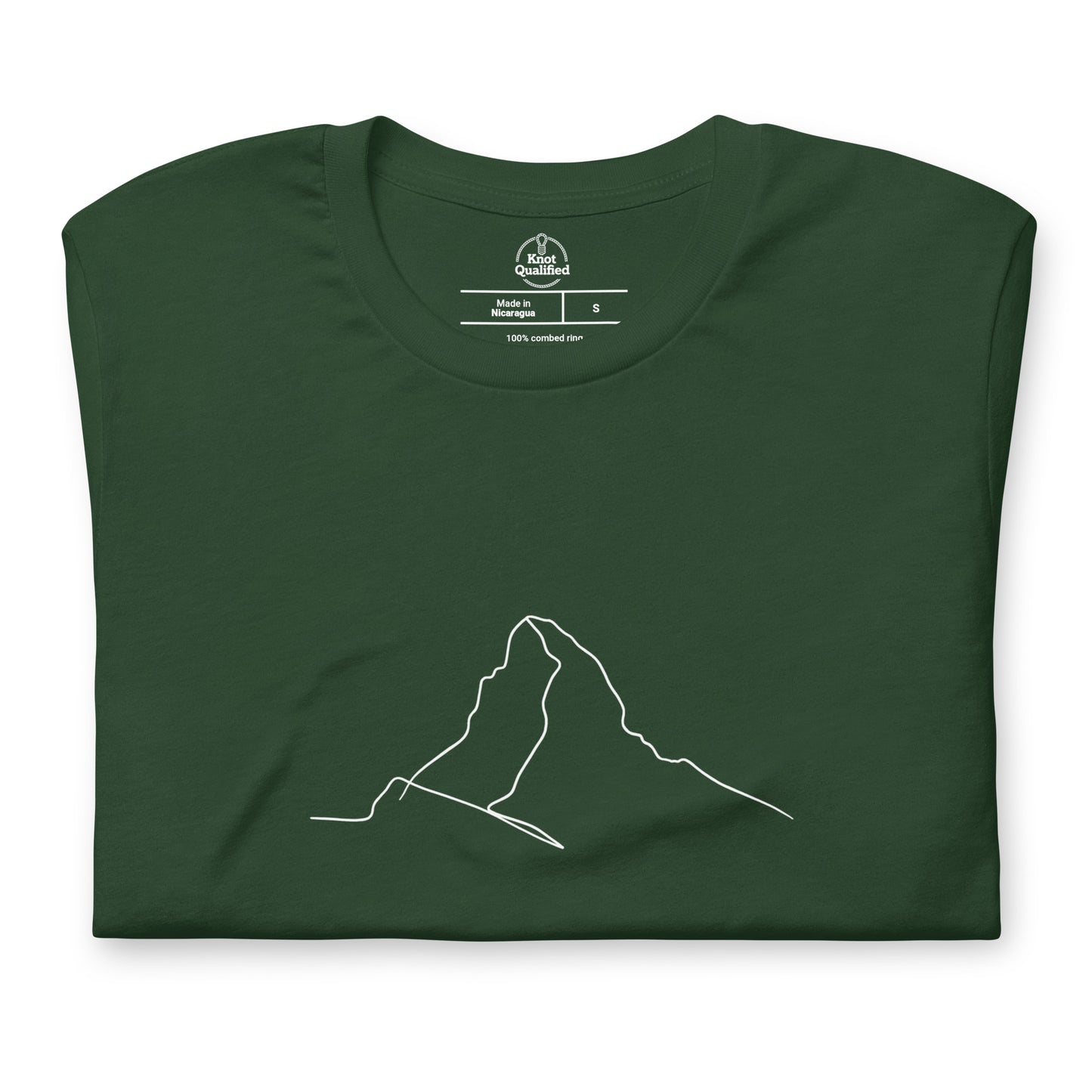 Unisex forest green t-shirt featuring minimalist Matterhorn line art in Picasso style by Knot Qualified.