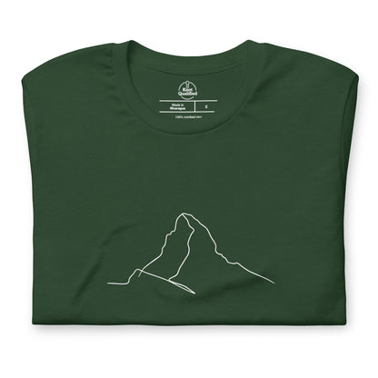 Unisex forest green t-shirt featuring minimalist Matterhorn line art in Picasso style by Knot Qualified.