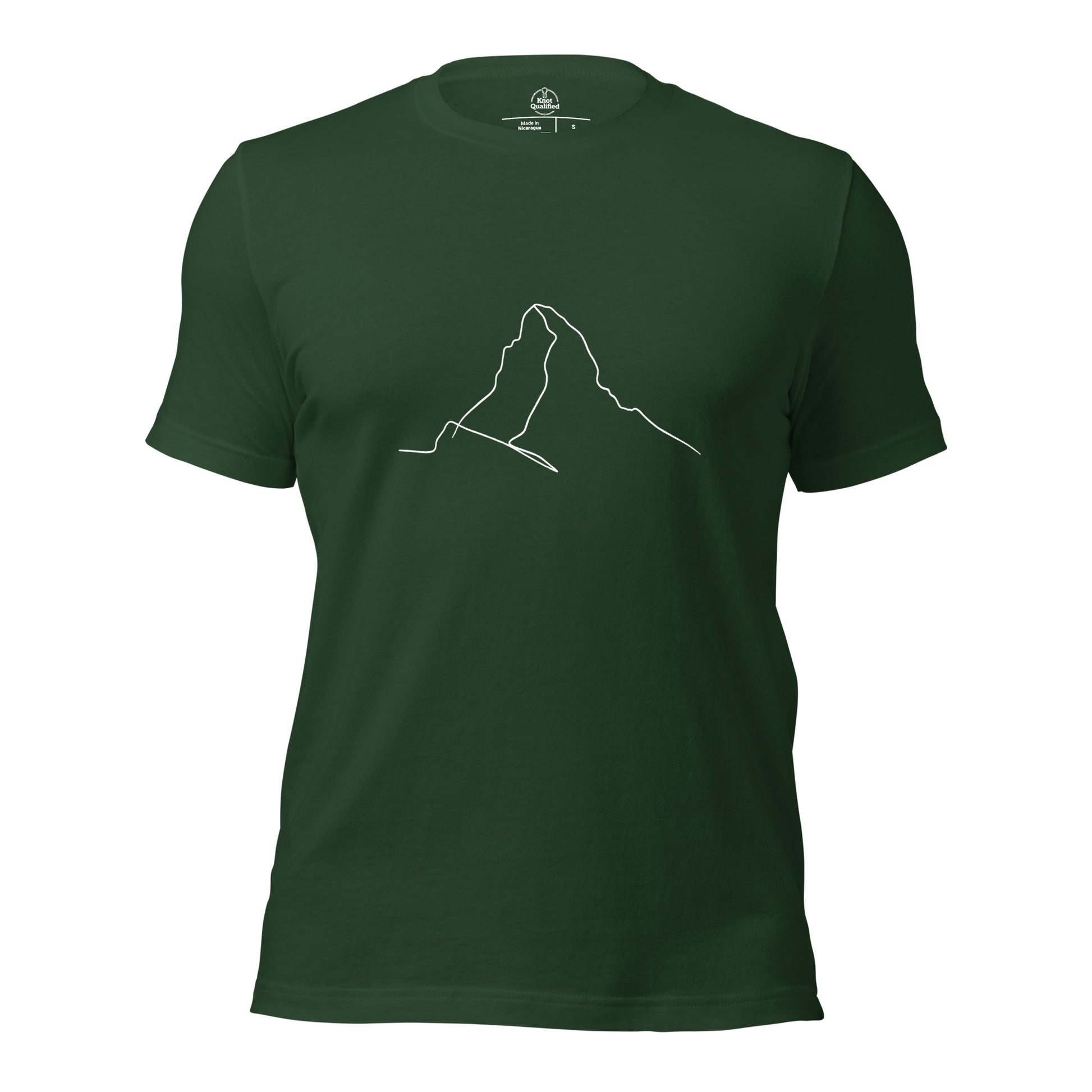 Unisex forest green t-shirt featuring minimalist Matterhorn line art in Picasso style by Knot Qualified.