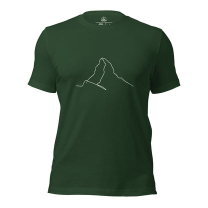 Unisex forest green t-shirt featuring minimalist Matterhorn line art in Picasso style by Knot Qualified.