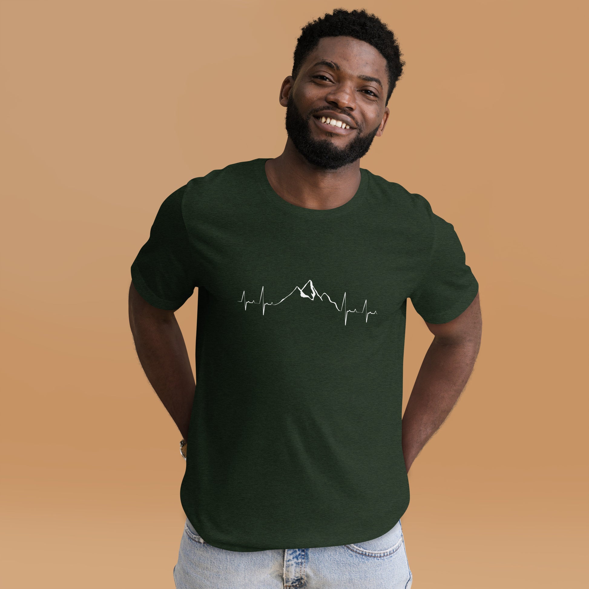 Heather emerald unisex t-shirt featuring a mountain heartbeat graphic by Knot Qualified.