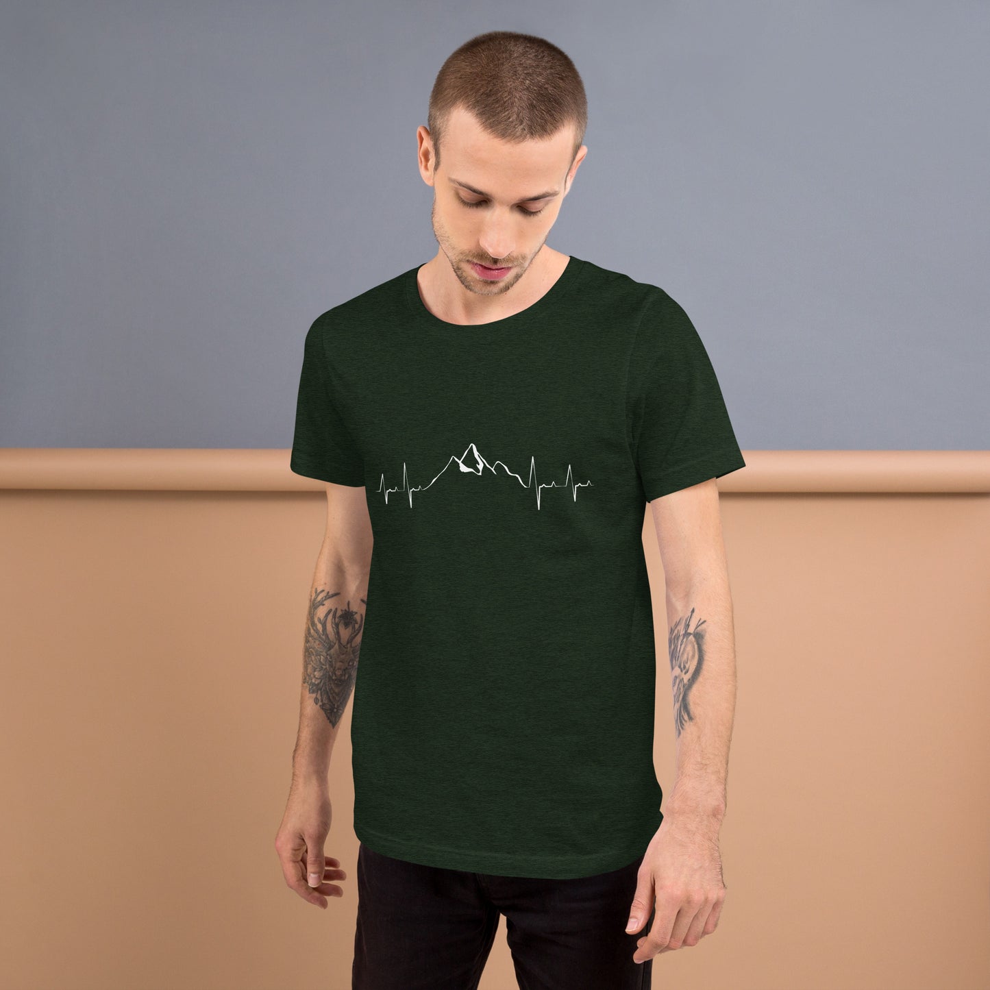 Heather emerald unisex t-shirt featuring a mountain heartbeat design by Knot Qualified, displayed from the front.