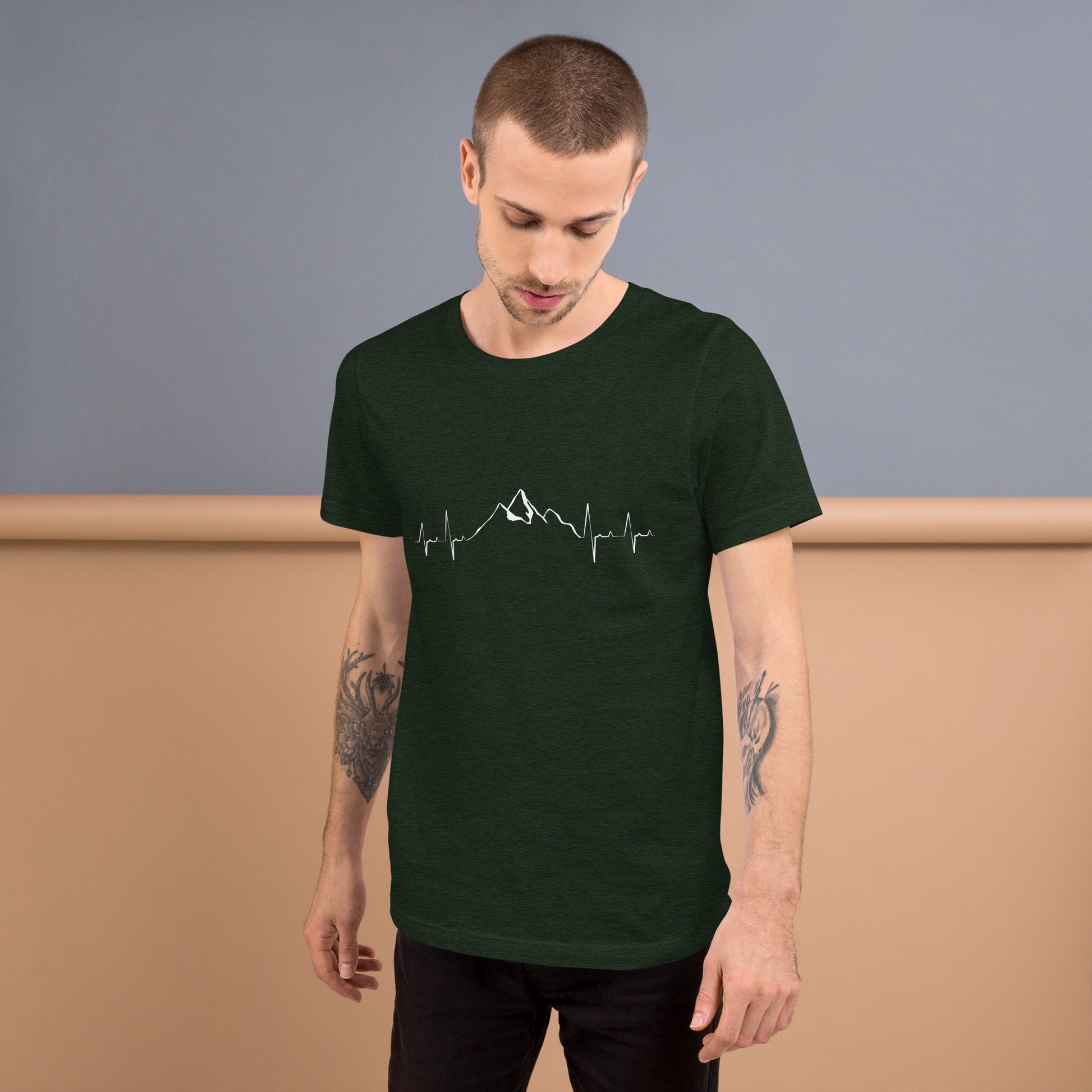 Heather emerald unisex t-shirt featuring a mountain heartbeat design by Knot Qualified, displayed from the front.