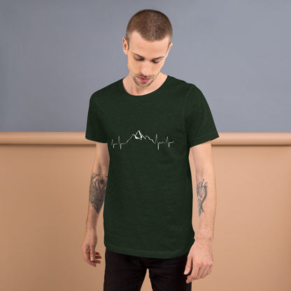 Heather emerald unisex t-shirt featuring a mountain heartbeat design by Knot Qualified, displayed from the front.