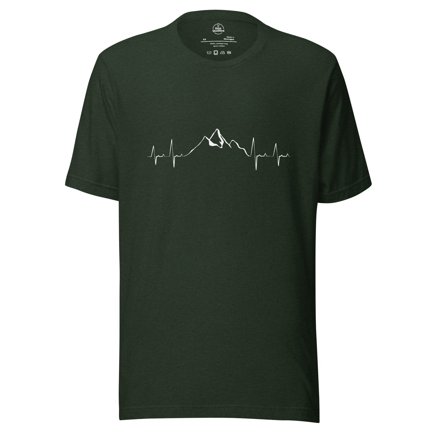 Heather emerald unisex t-shirt by Knot Qualified featuring a mountain heartbeat graphic on the front.