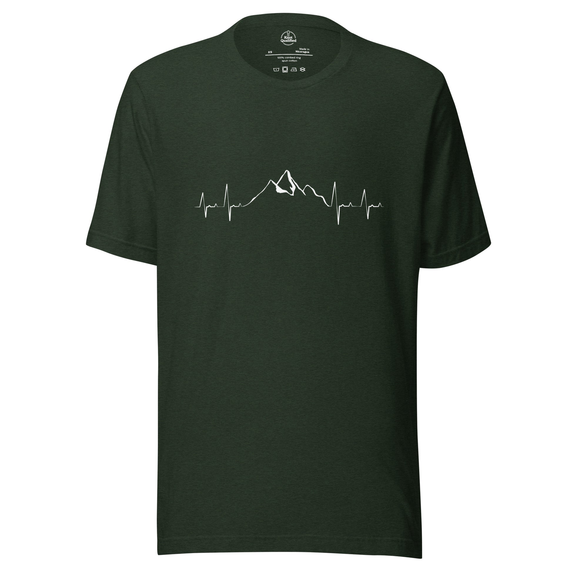 Heather emerald unisex t-shirt by Knot Qualified featuring a mountain heartbeat graphic on the front.
