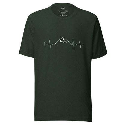 Heather emerald unisex t-shirt by Knot Qualified featuring a mountain heartbeat graphic on the front.