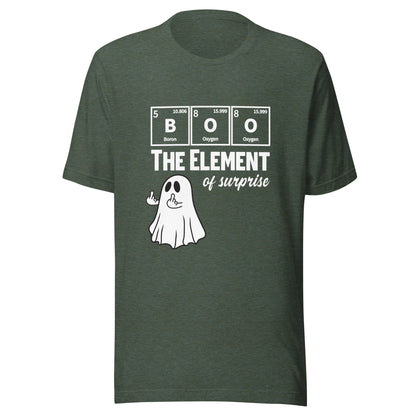 Unisex heather forest T-shirt featuring a funny ghost graphic with a Halloween science pun by Knot Qualified.