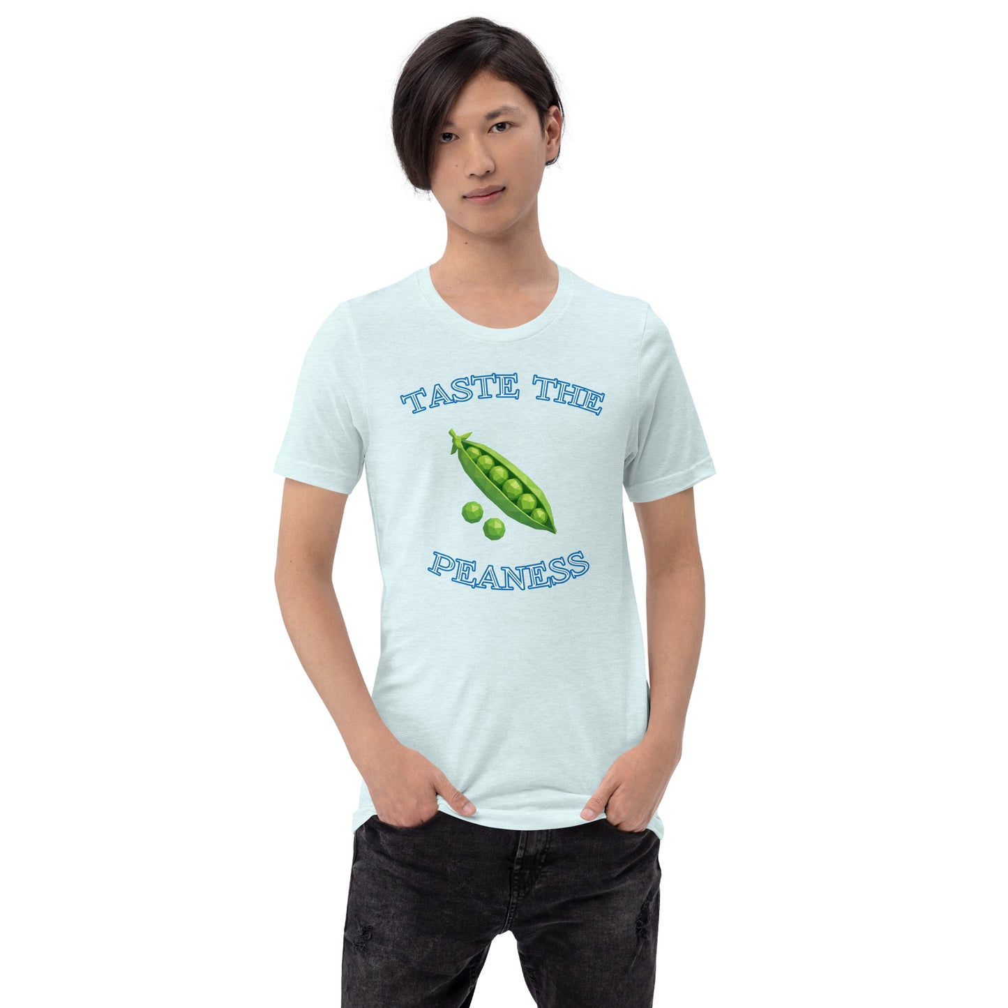 Heather ice blue unisex T-shirt featuring "Taste the Peaness" design by Knot Qualified, displayed from the front.