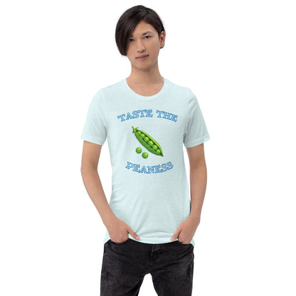 Heather ice blue unisex T-shirt featuring "Taste the Peaness" design by Knot Qualified, displayed from the front.