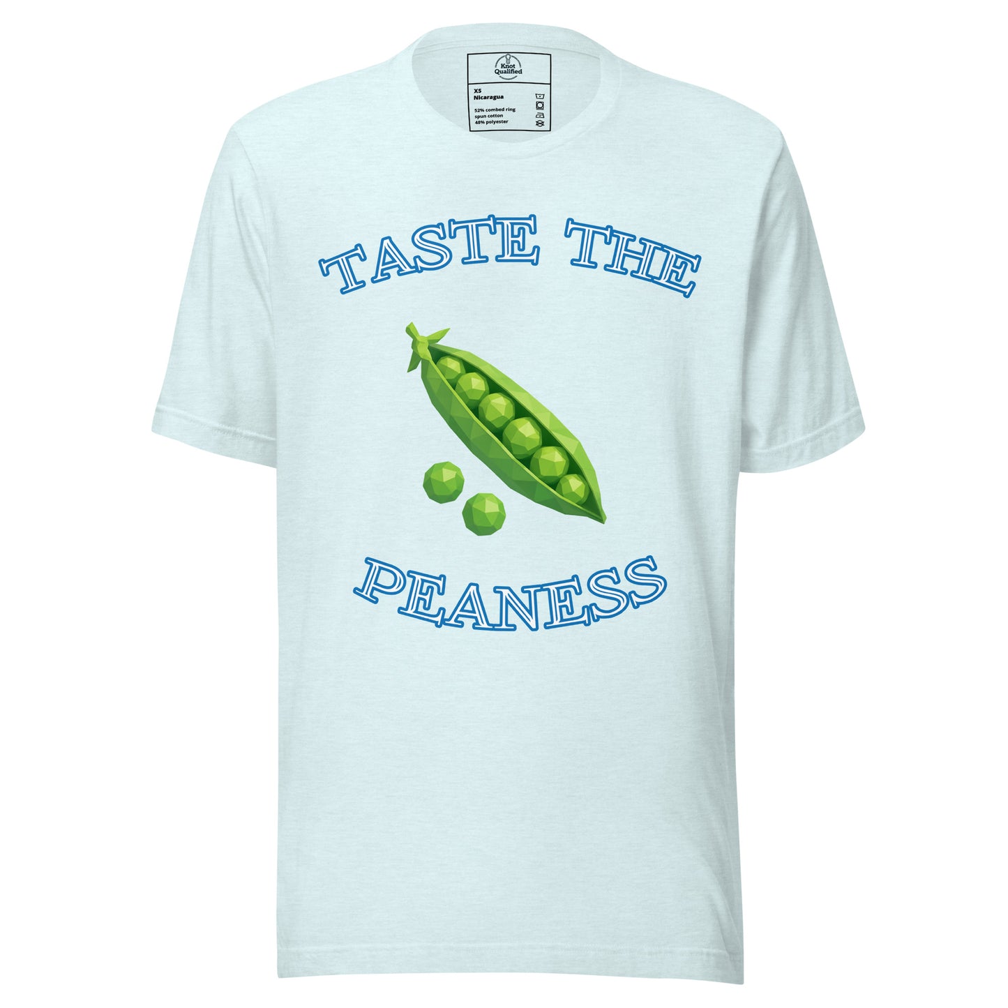Unisex "Taste the Peaness" T-shirt by Knot Qualified in heather ice blue, featuring a front graphic design.