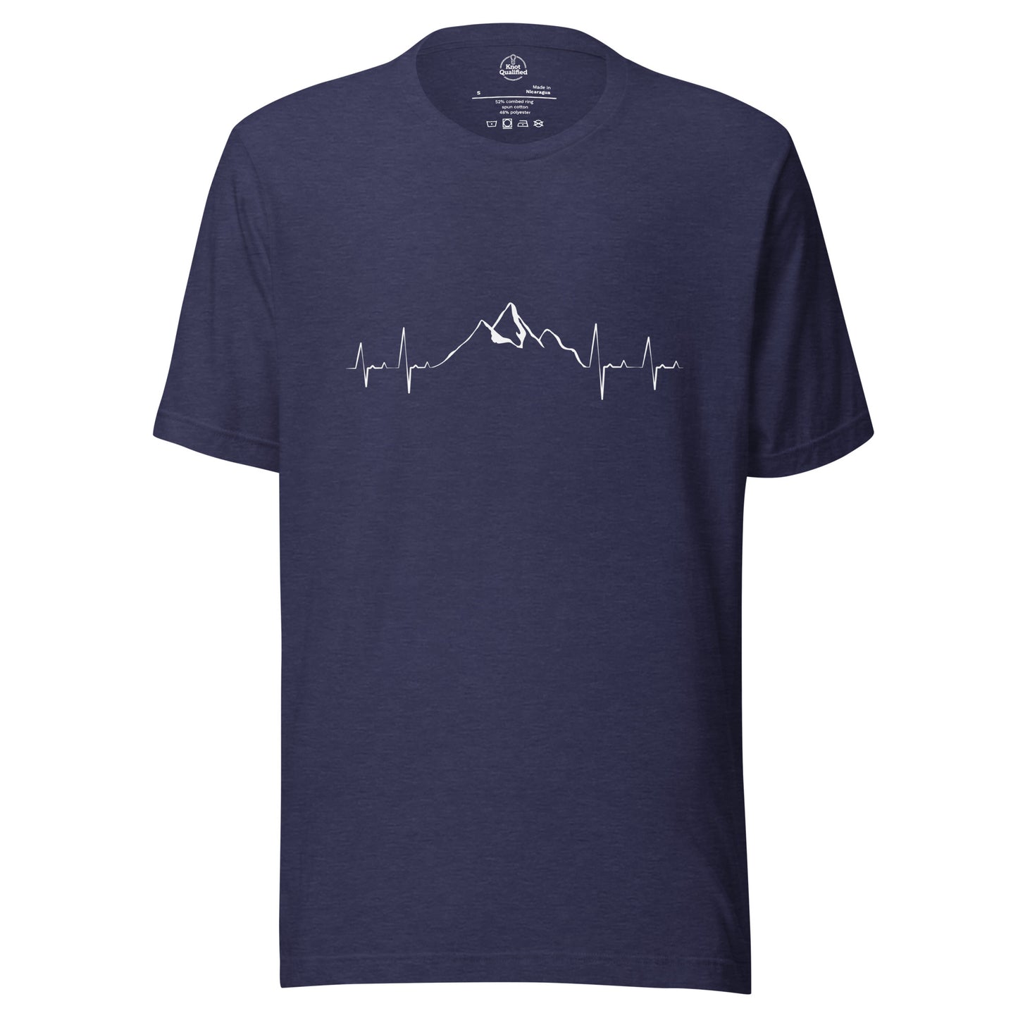Unisex Mountain Heartbeat T-shirt by Knot Qualified in heather midnight navy, featuring a front graphic design.