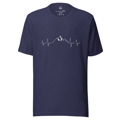 Unisex Mountain Heartbeat T-shirt by Knot Qualified in heather midnight navy, featuring a front graphic design.