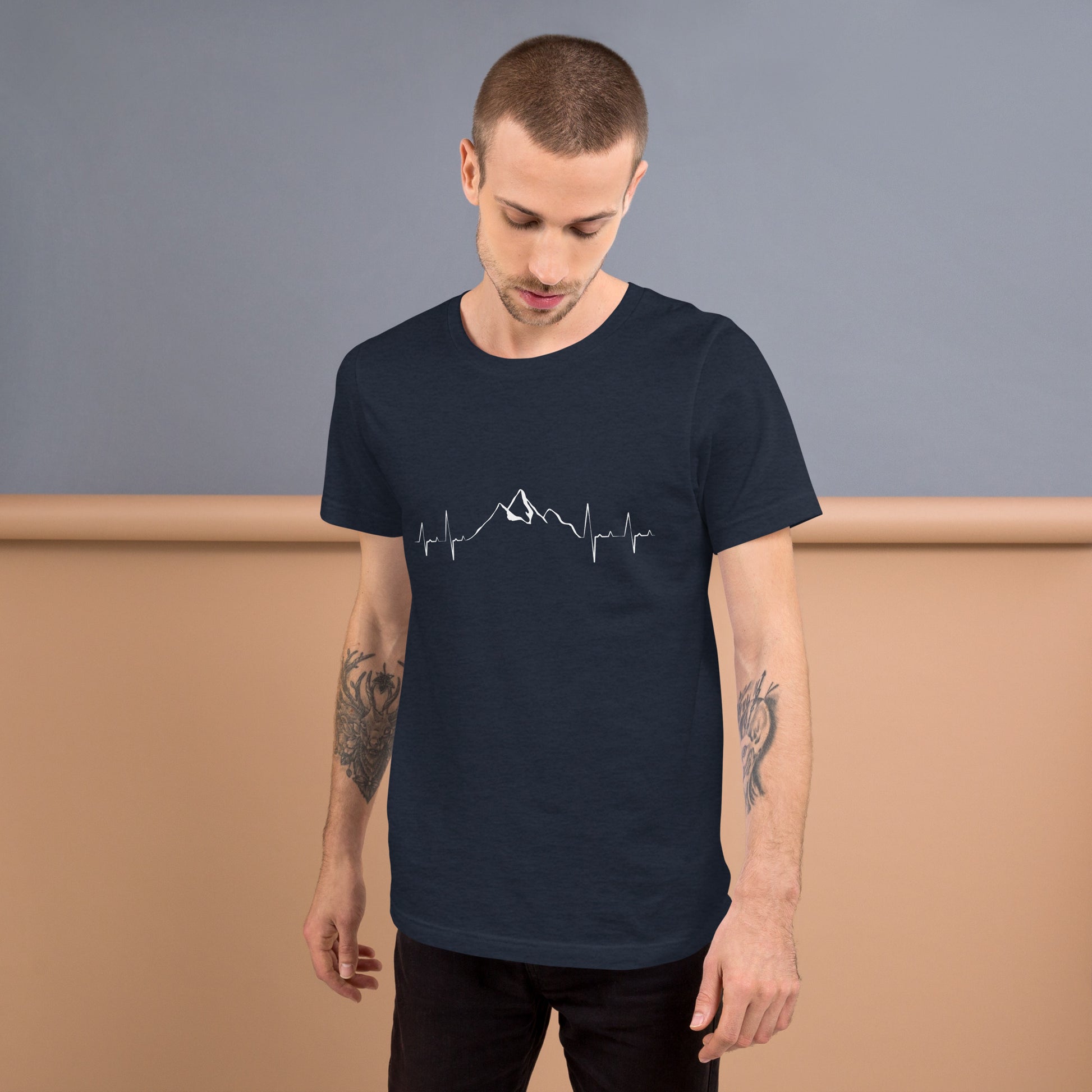 Unisex Mountain Heartbeat T-shirt by Knot Qualified in heather navy with a front graphic design.