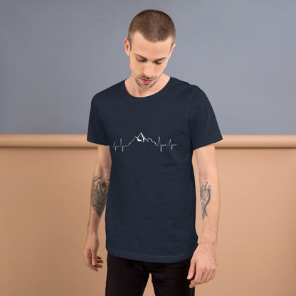 Unisex Mountain Heartbeat T-shirt by Knot Qualified in heather navy with a front graphic design.