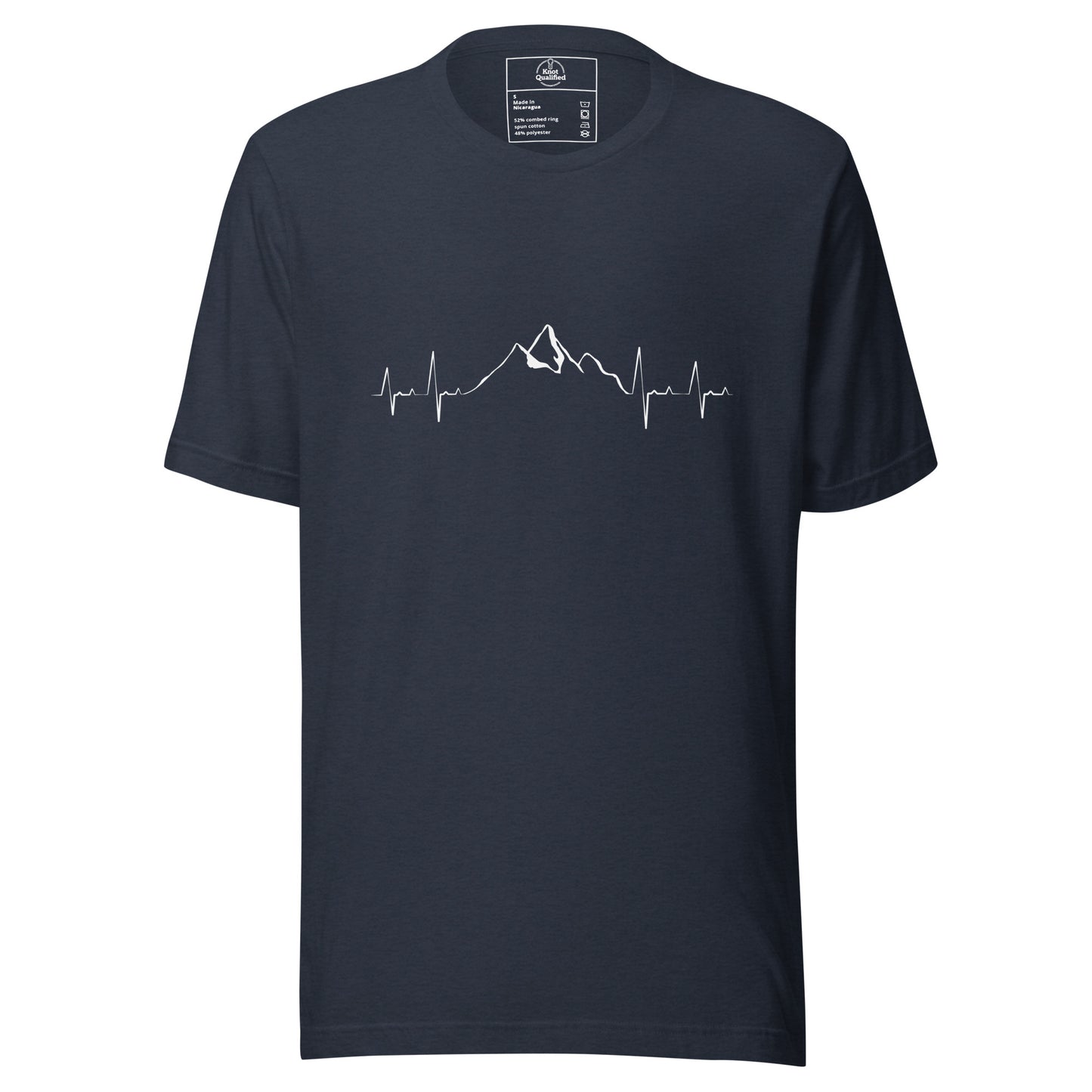 Heather navy unisex t-shirt featuring mountain heartbeat graphic by Knot Qualified, showcasing a casual and stylish design.