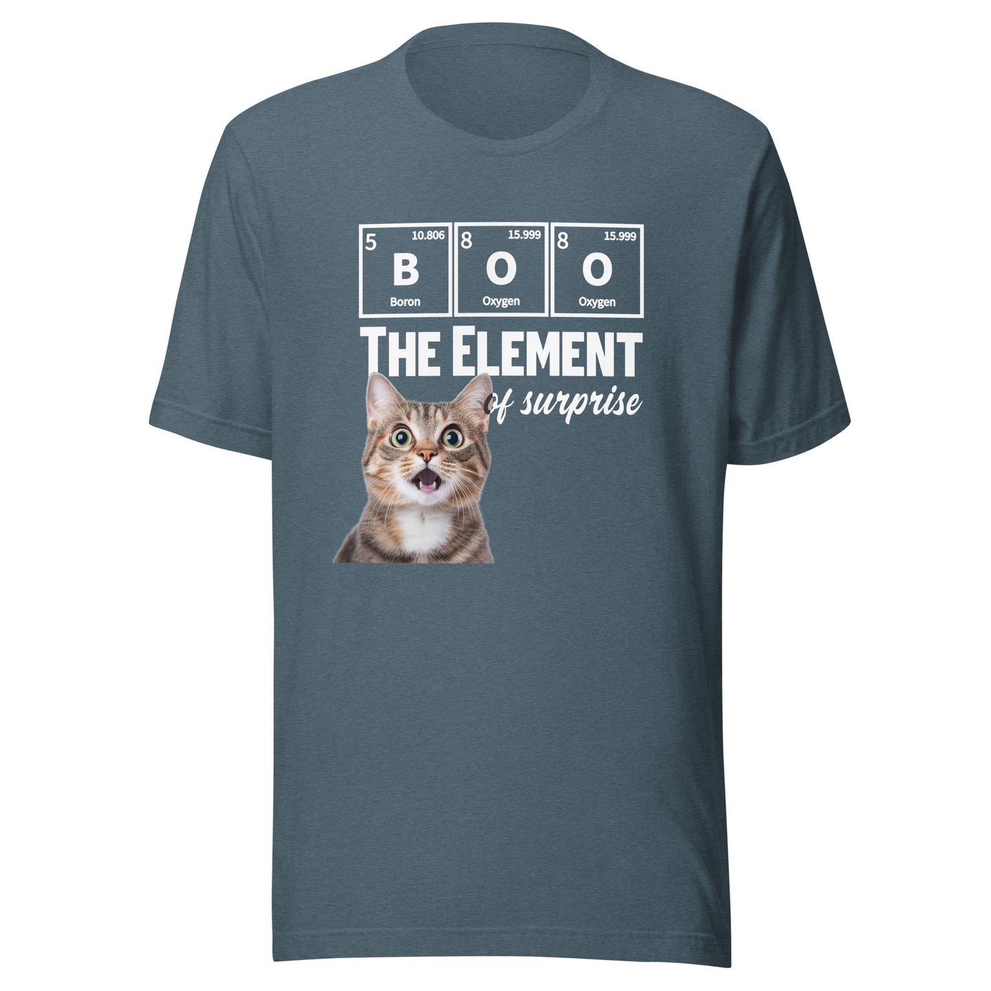 Heather slate unisex t-shirt featuring the BOO The Element of Surprise design by Knot Qualified.