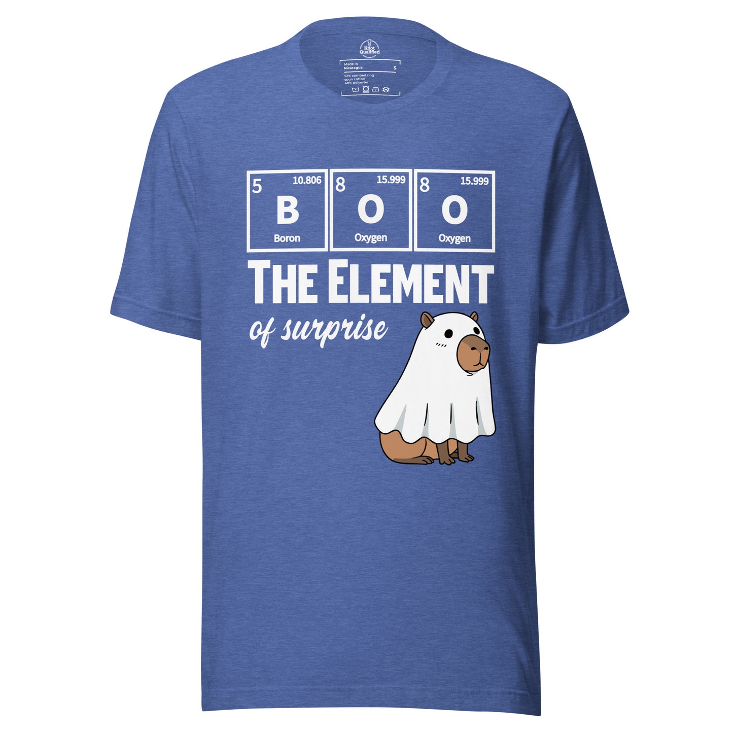 Funny capybara ghost graphic on a unisex heather true royal T-shirt by Knot Qualified.