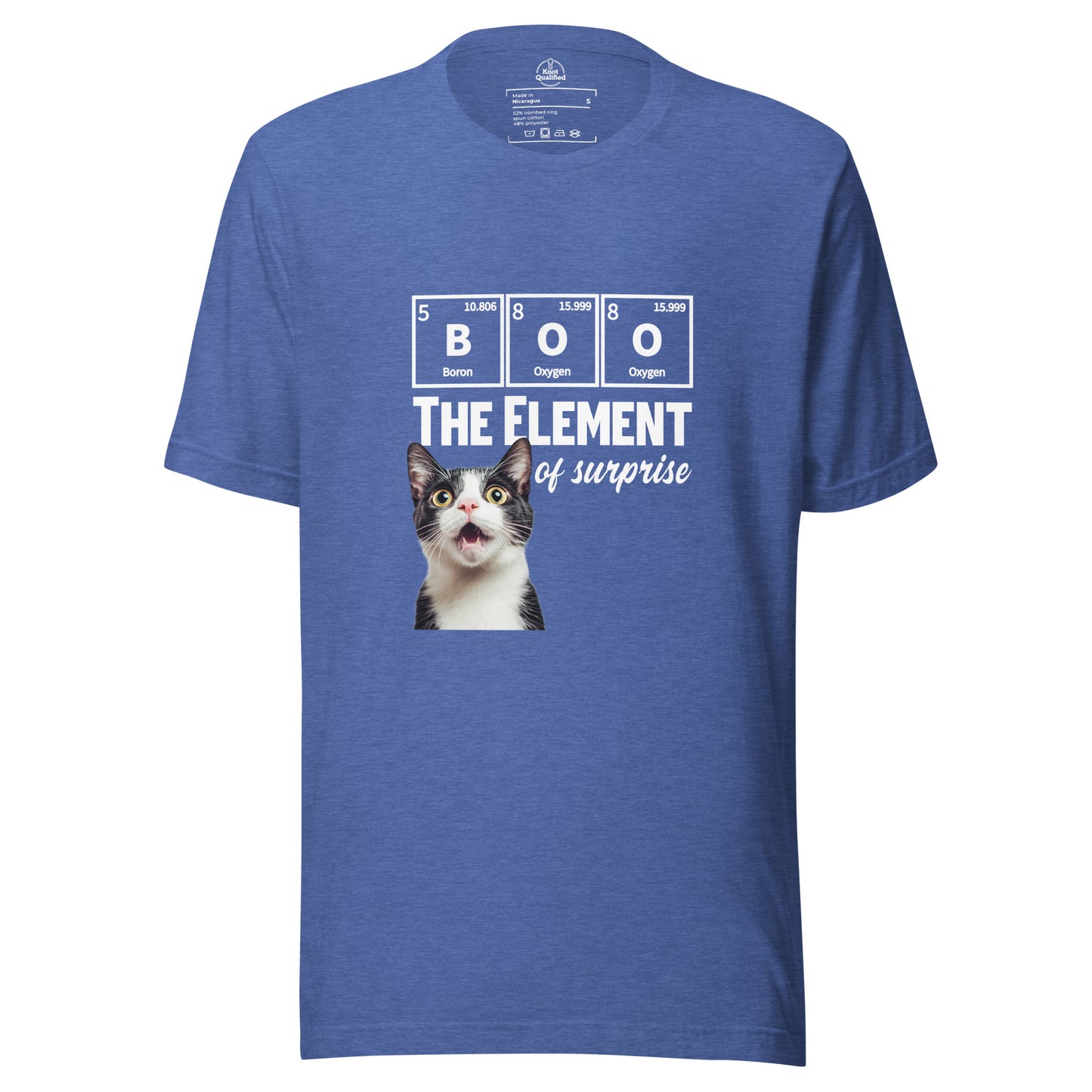 Unisex heather true royal t-shirt featuring a funny tuxedo cat science pun by Knot Qualified.