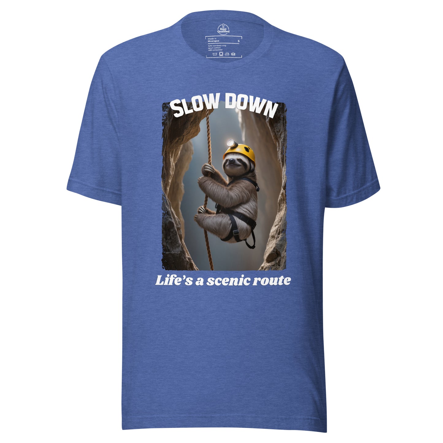Unisex Heather True Royal T-shirt by Knot Qualified featuring "Slow down Life’s a scenic route" graphic design.