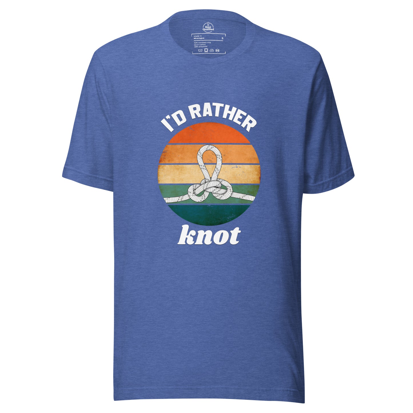 Unisex heather true royal t-shirt featuring "I'd Rather Knot - Alpine Butterfly" design by Knot Qualified.