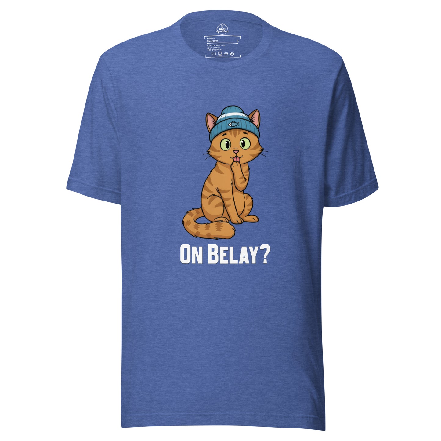 Unisex heather true royal t-shirt featuring "On Belay Climbing Cat" design by Knot Qualified.