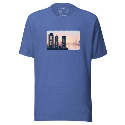 Unisex Knot Qualified T-shirt in heather true royal featuring a London skyline design for rope access technicians.