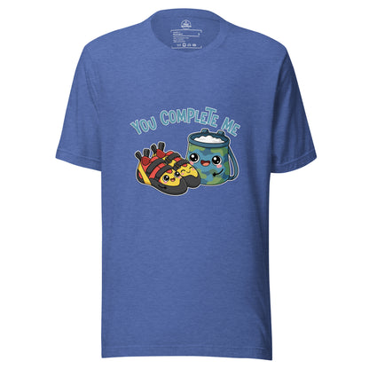 Unisex Knot Qualified T-shirt in heather true royal featuring "You Complete Me" rock climbing graphic design.