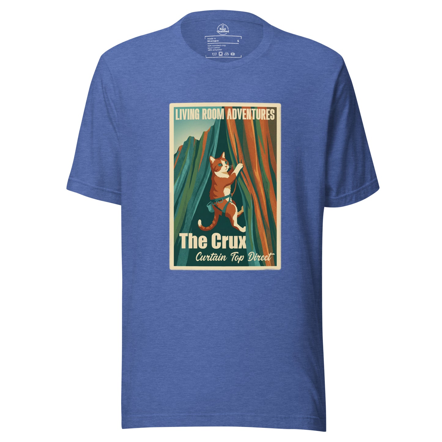 Unisex Heather True Royal T-shirt by Knot Qualified featuring a funny rock climbing cat design.
