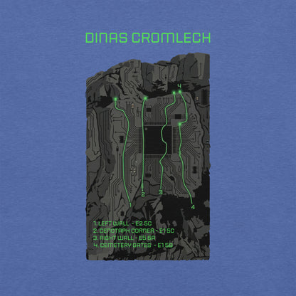 Unisex Knot Qualified Cenotaph Corner Climbing Topo T-Shirt in Heather True Royal, featuring Dinas Cromlech Trad Icon design.