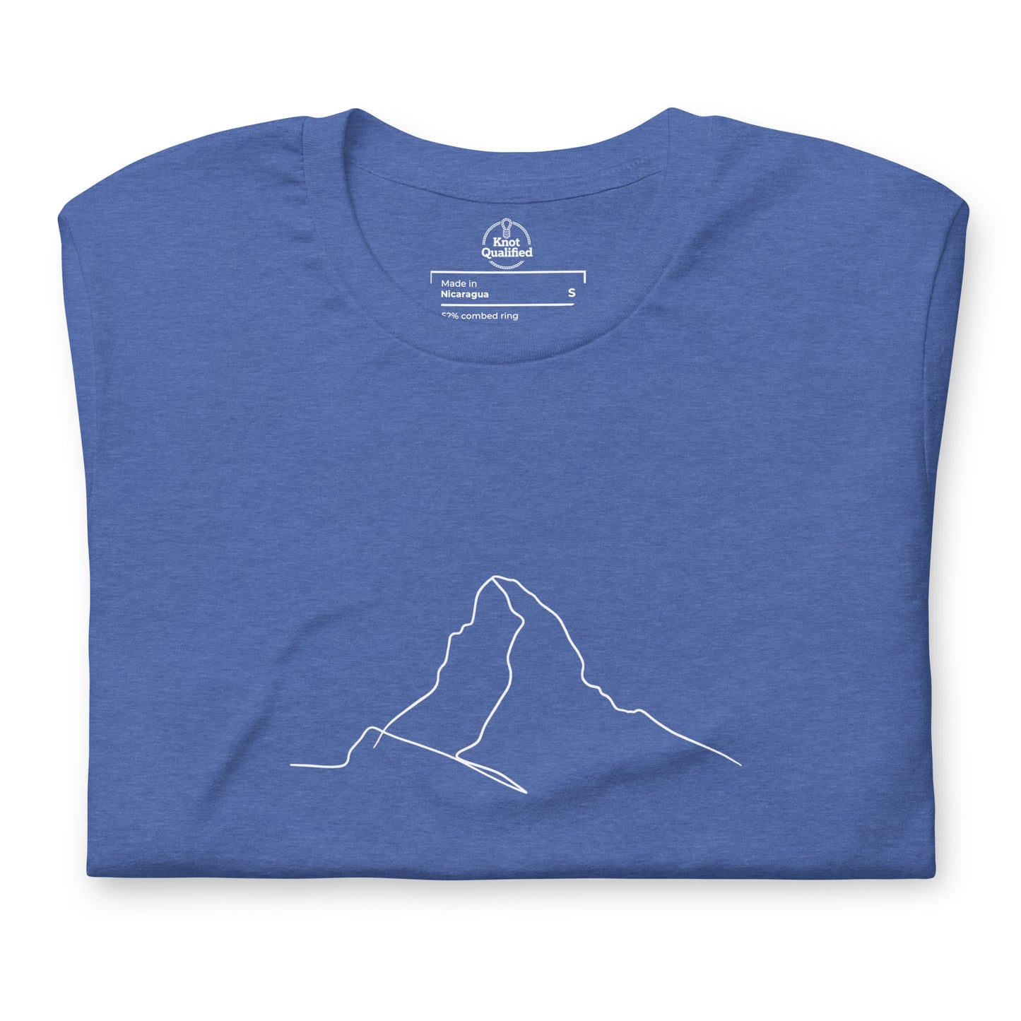 Unisex Knot Qualified T-shirt in heather true royal featuring minimalist Matterhorn line art design in Picasso style.