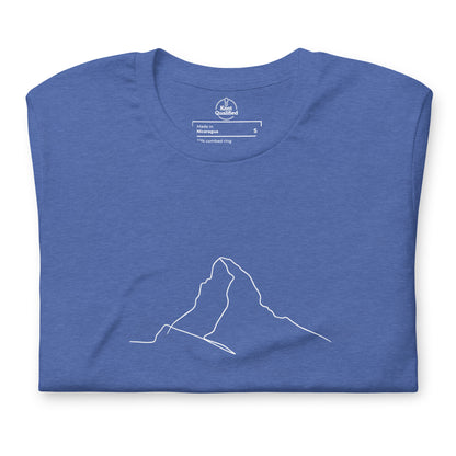 Unisex Knot Qualified T-shirt in heather true royal featuring minimalist Matterhorn line art design in Picasso style.