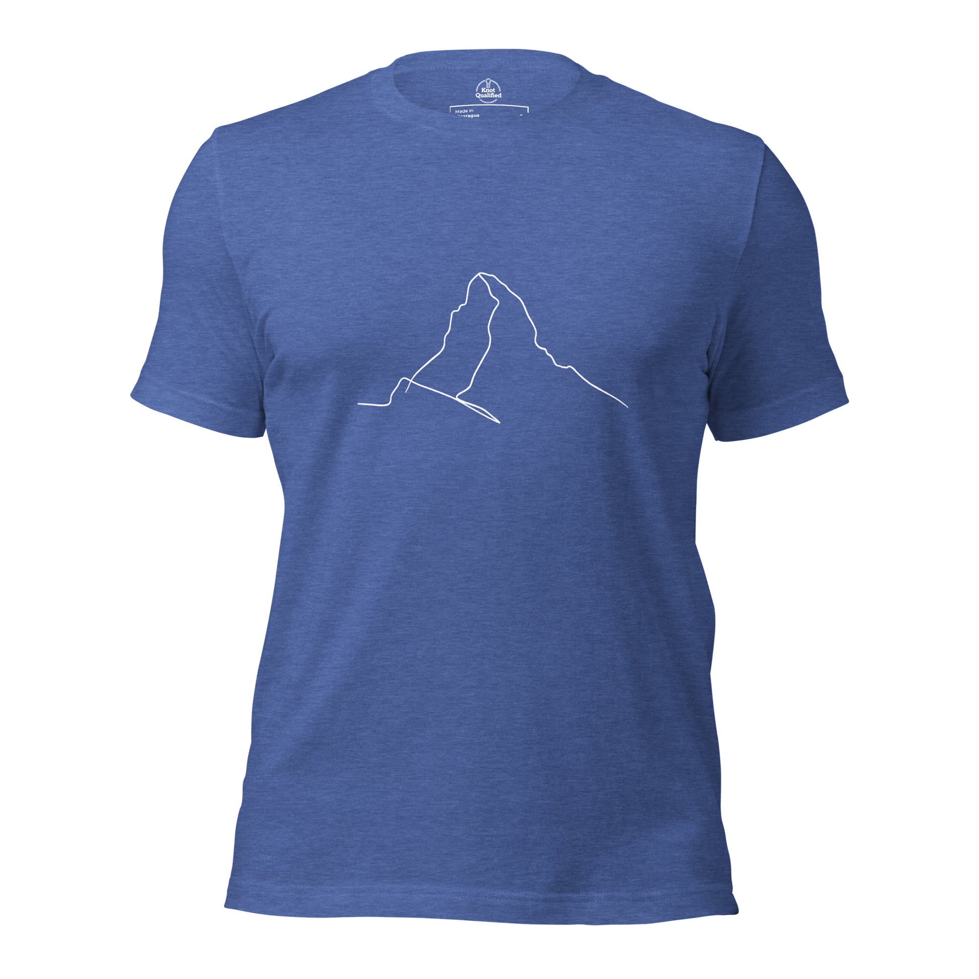 Heather true royal T-shirt featuring minimalist Matterhorn line art in Picasso style by Knot Qualified.