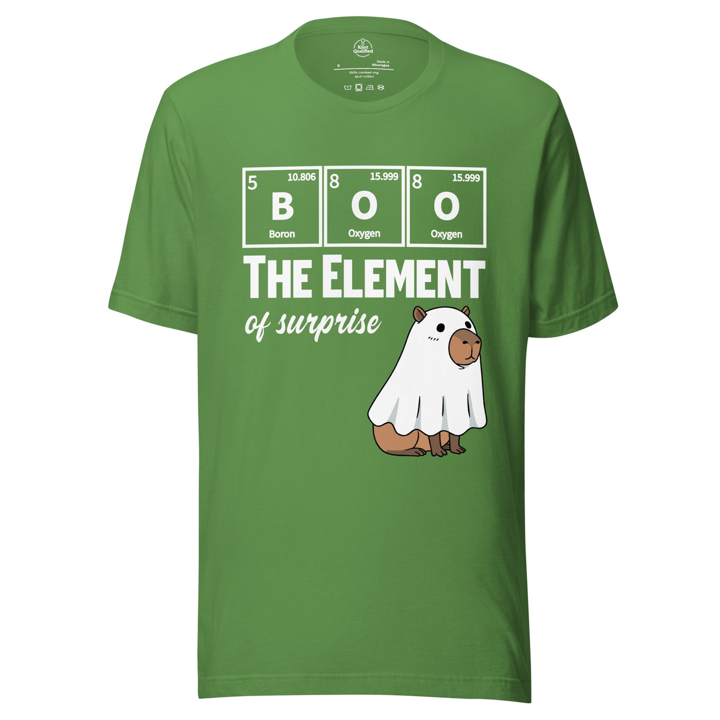Unisex t-shirt featuring a funny capybara ghost science design by Knot Qualified on a leaf background.