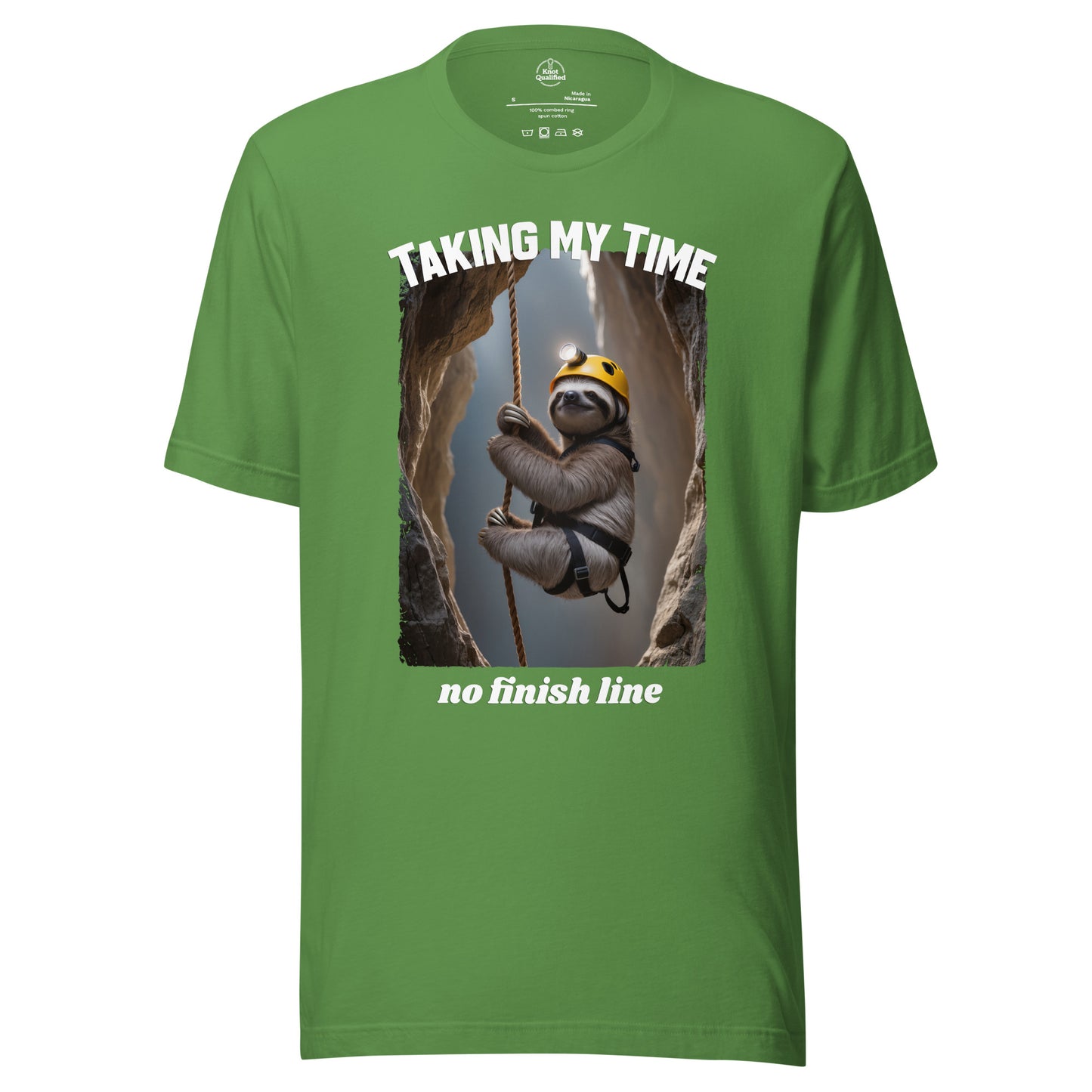 Unisex Knot Qualified t-shirt featuring a leaf design with "Taking my Time, no finish line" text on the front.