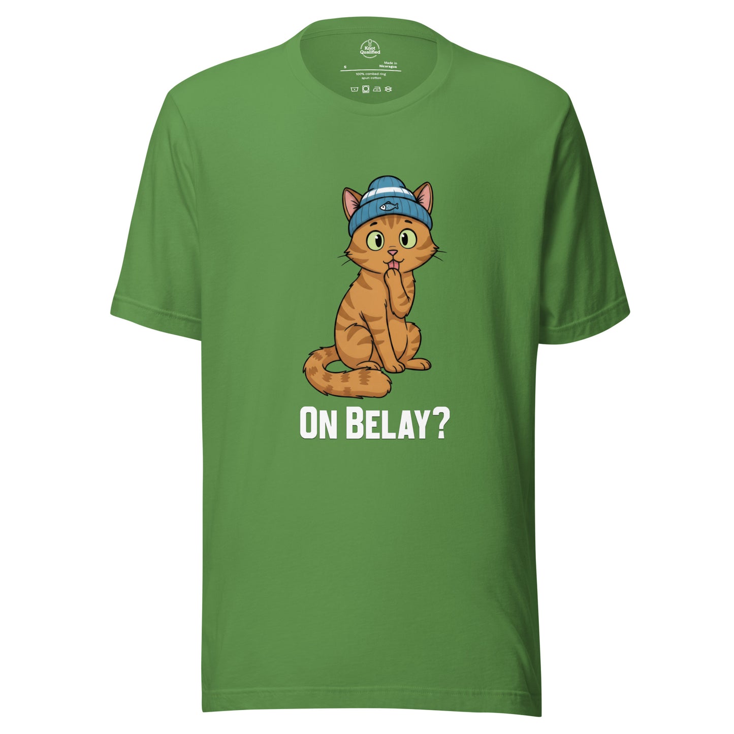 Unisex Knot Qualified On Belay Climbing Cat t-shirt featuring a leaf design on the front.