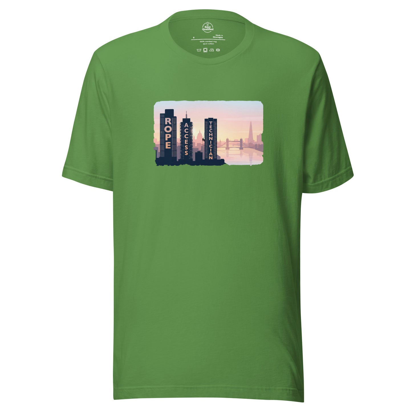 Unisex Knot Qualified T-shirt featuring a London skyline design, ideal for rope access technicians and high-altitude workers.