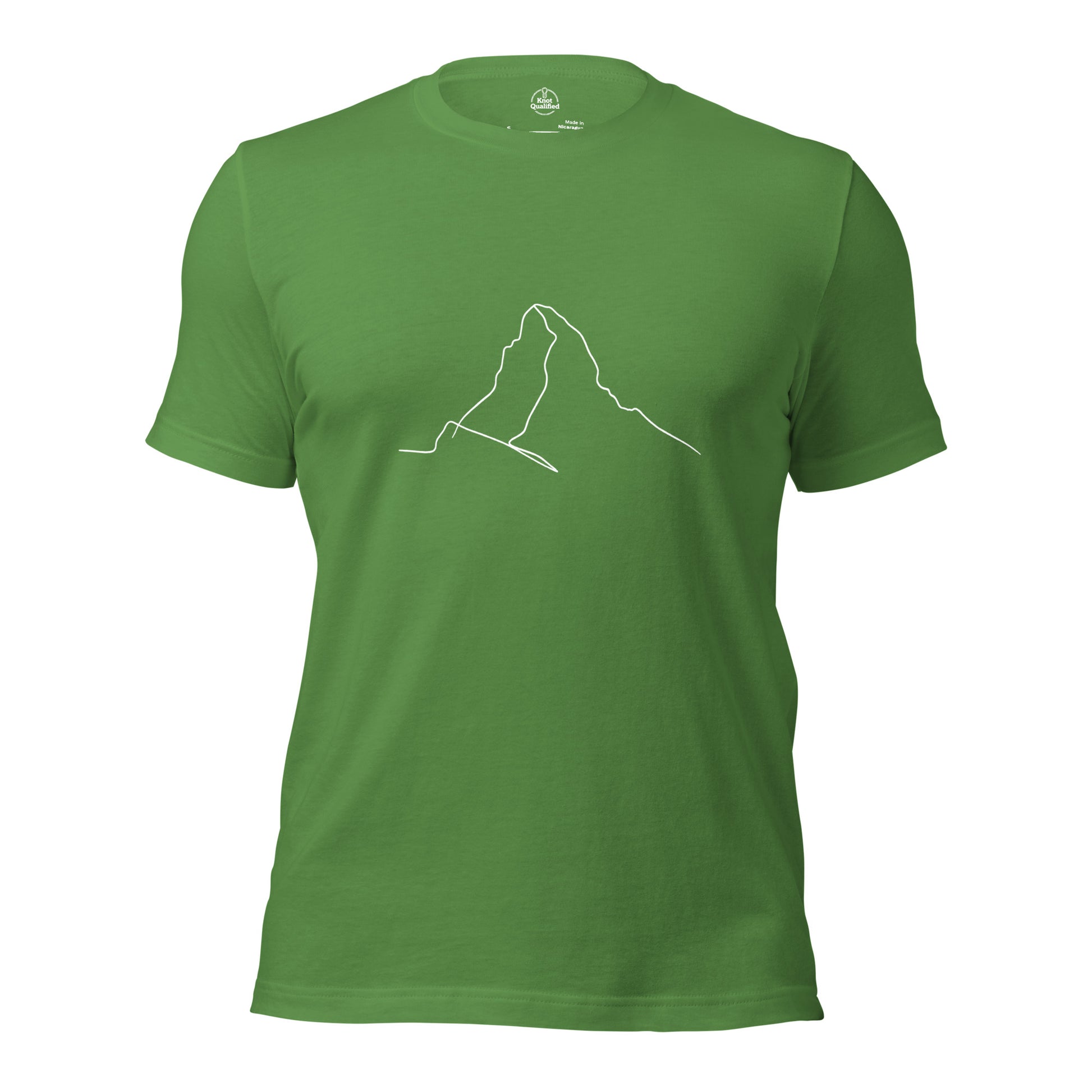 Unisex Knot Qualified Matterhorn line art T-shirt featuring a minimalist Picasso-style alpinist design on a leaf background.