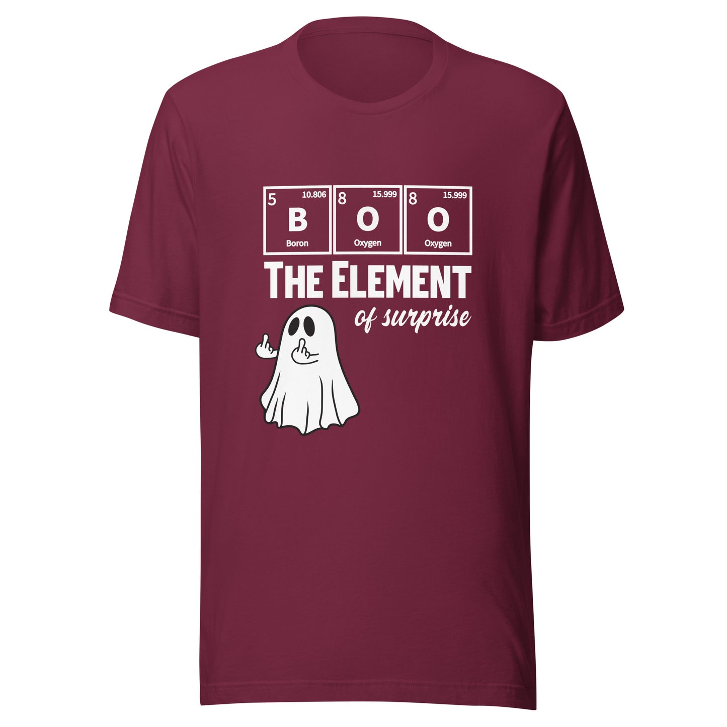 Maroon unisex t-shirt featuring a rude ghost graphic with a Halloween science pun by Knot Qualified.