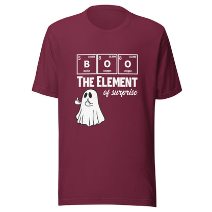 Maroon unisex t-shirt featuring a rude ghost graphic with a Halloween science pun by Knot Qualified.