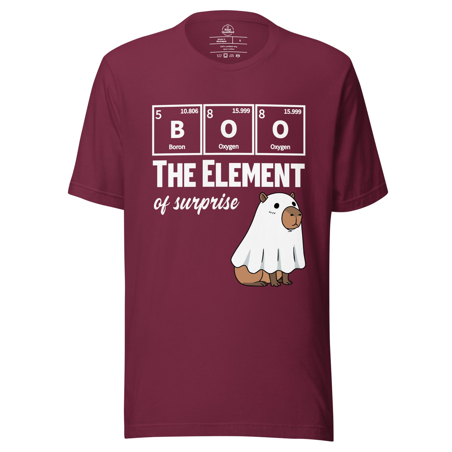 Maroon unisex t-shirt featuring a funny capybara ghost science design by Knot Qualified.