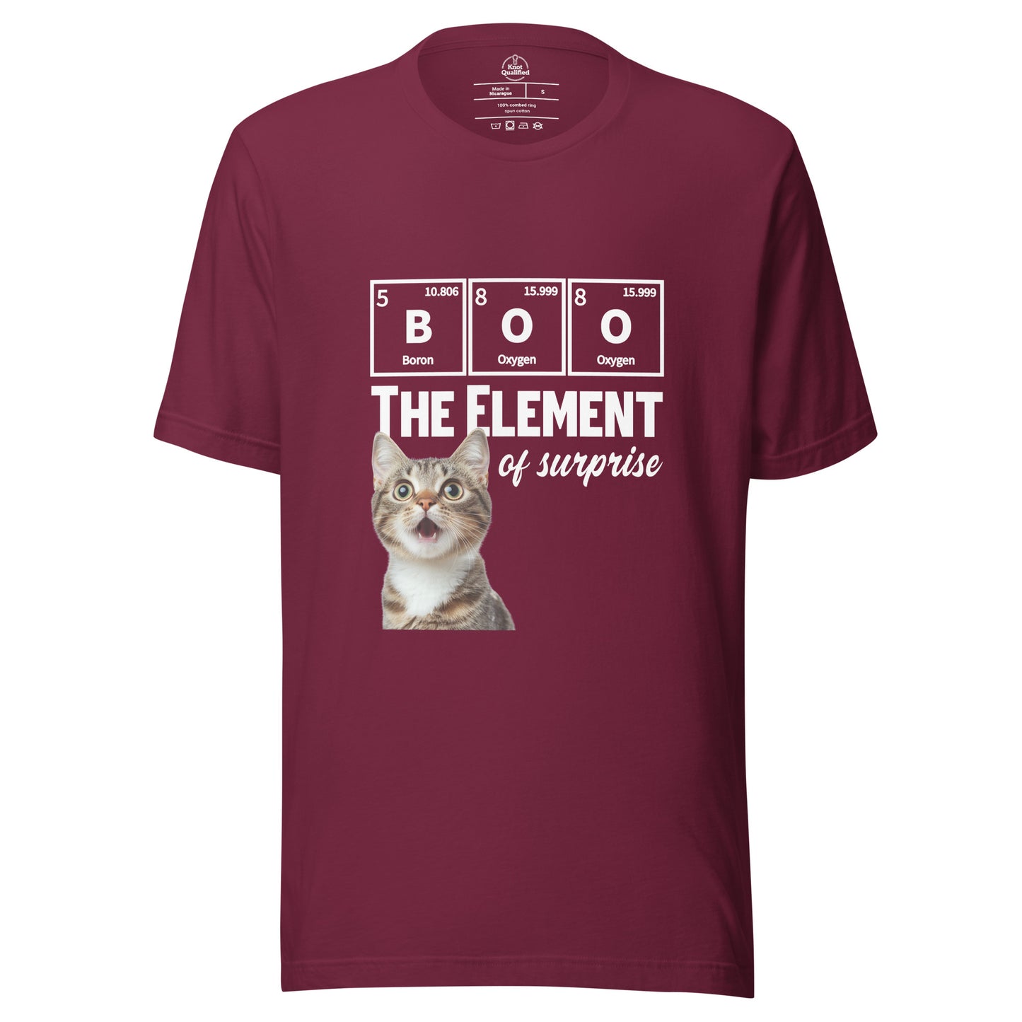Maroon unisex t-shirt featuring a cute kitten chemistry pun design by Knot Qualified.