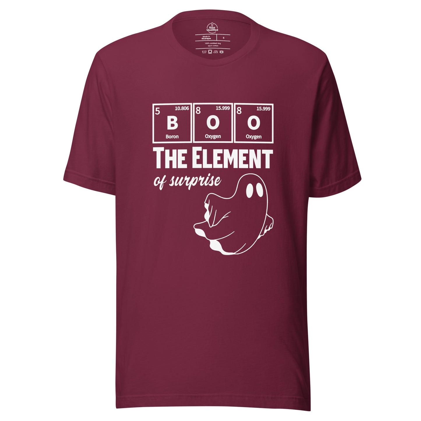 Maroon unisex t-shirt featuring a funny ghost graphic and Halloween science pun by Knot Qualified.