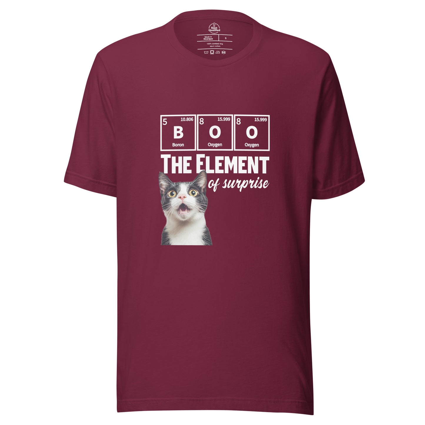 Maroon unisex t-shirt featuring a funny tuxedo cat science pun design by Knot Qualified.