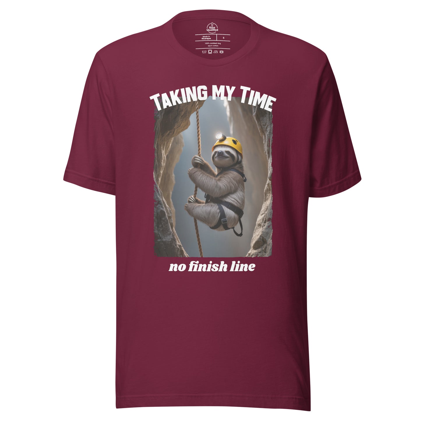 Maroon unisex staple T-shirt by Knot Qualified featuring the phrase "Taking my Time, no finish line" on the front.