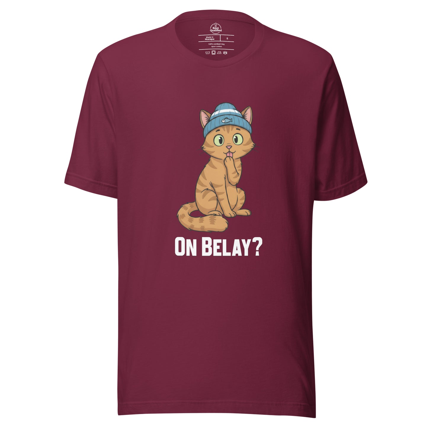 Maroon unisex t-shirt featuring "On Belay Climbing Cat" graphic by Knot Qualified, perfect for climbing enthusiasts.