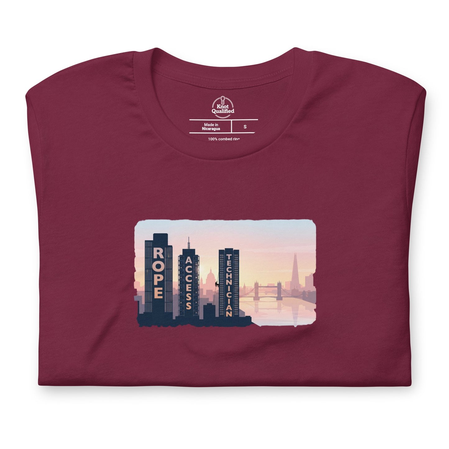 Maroon unisex T-shirt featuring London skyline design, ideal for rope access technicians and high-altitude work.