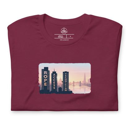 Maroon unisex T-shirt featuring London skyline design, ideal for rope access technicians and high-altitude work.