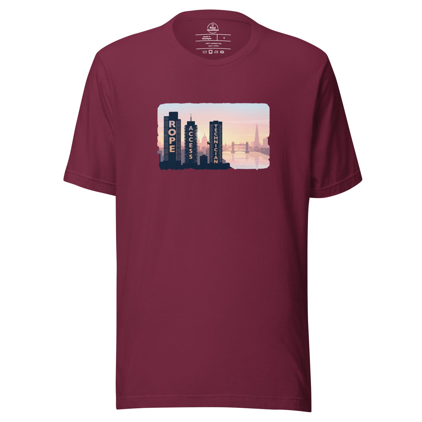 Maroon Knot Qualified T-shirt featuring a London skyline design, perfect for rope access technicians and high-altitude workers.