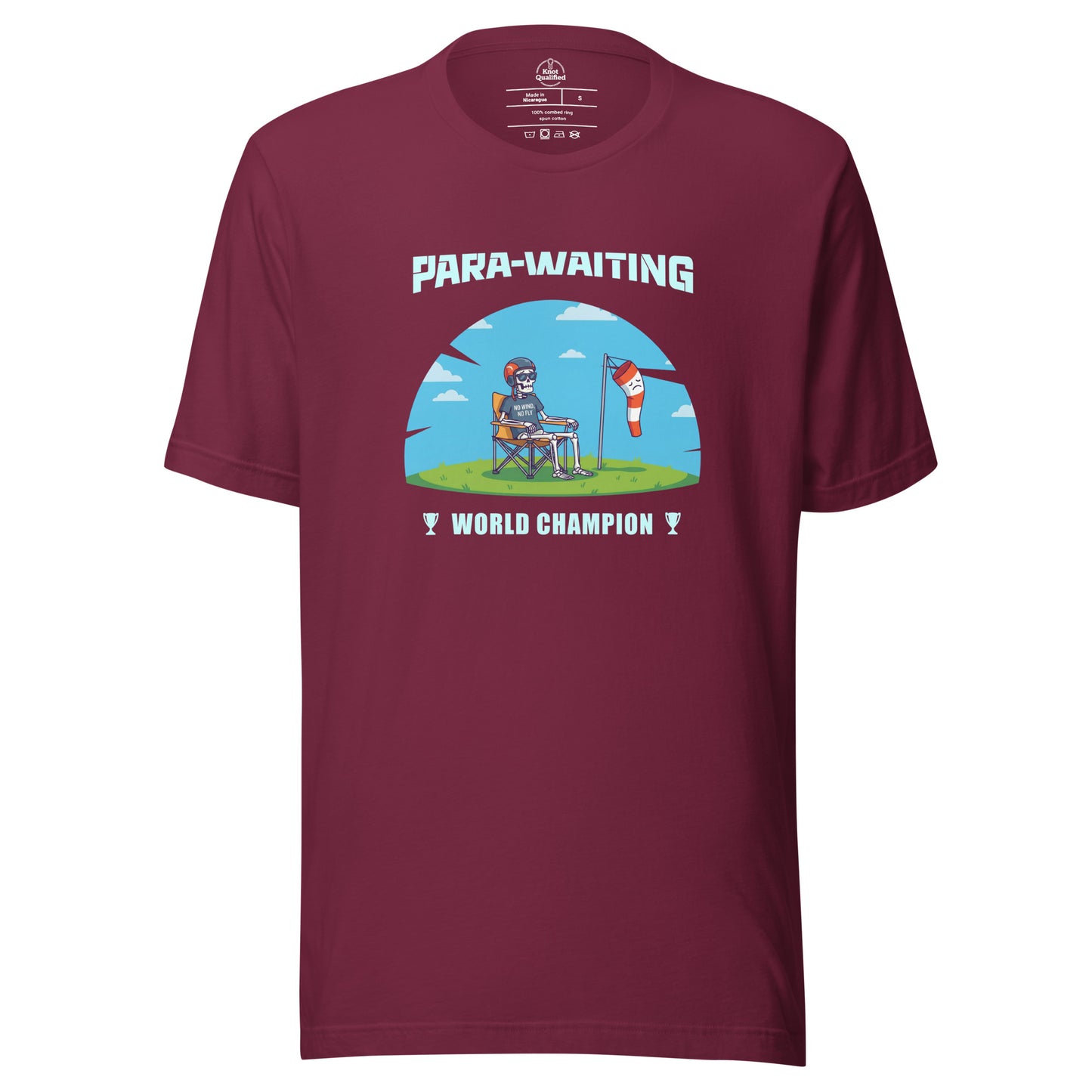Maroon unisex t-shirt featuring "Para-Waiting World Champion" design for paragliding and paramotor enthusiasts by Knot Qualified.